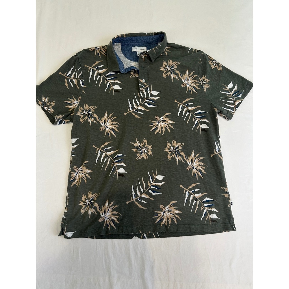 Free Assembly Mens Floral Palm Print Polo  Olive Green Cotton Short Sleeve L